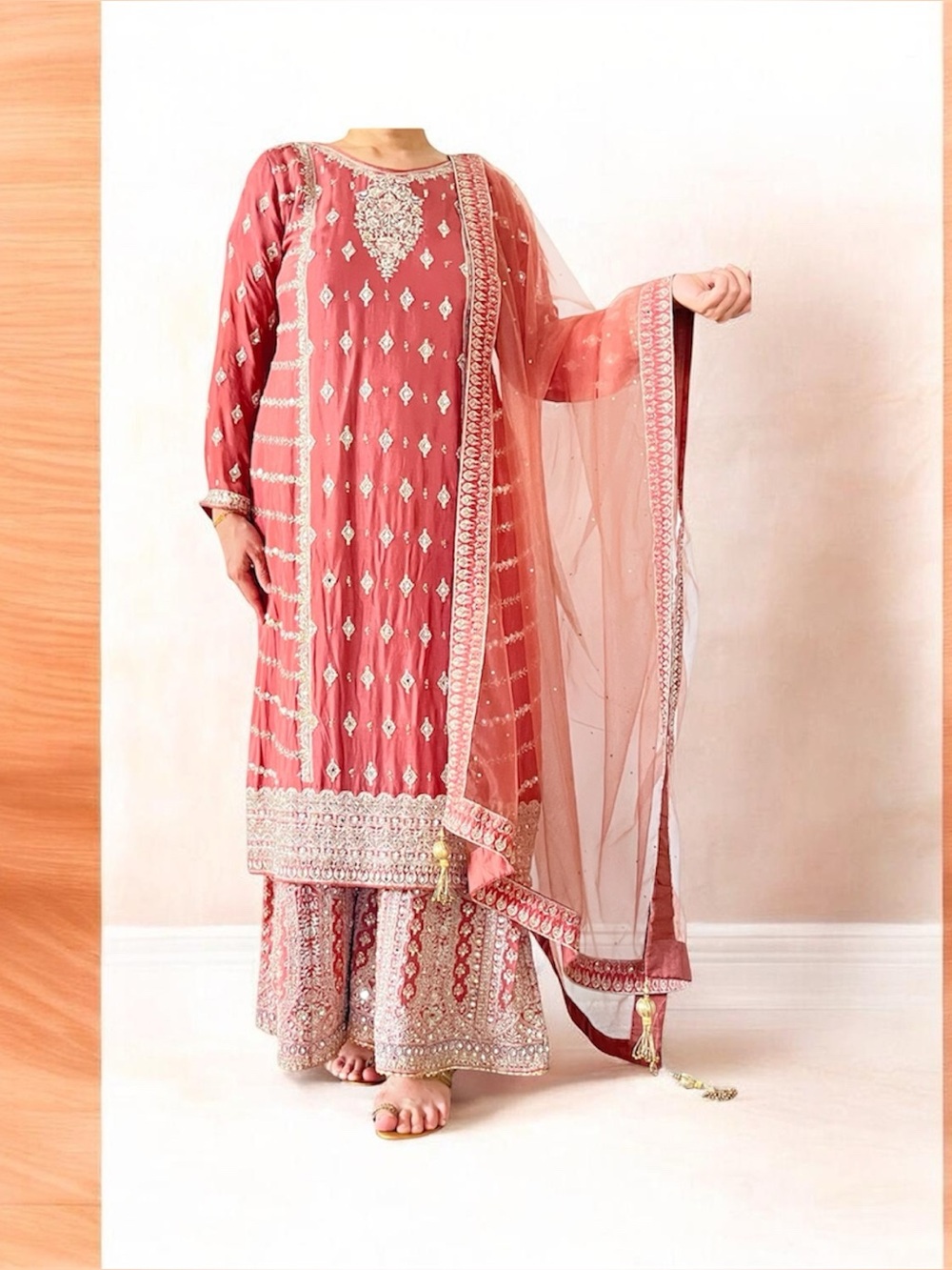 Embellished light rust color 
Ethnic 3 piece Dress
